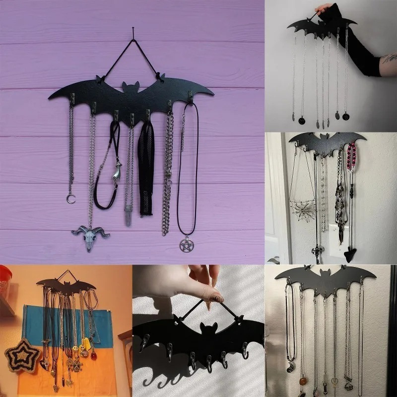 Porte-Clés Mural Chauve-Souris & Porte-Bijoux Gothique - Organisateur 7 Crochets (29cm)
