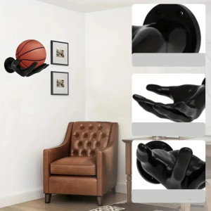 Details Porte-Ballon Mural "Main Noire" - Support Rangement Basketball, Foot & Volley (21.5cm)