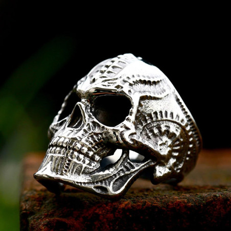 Vue latérale Bague Tête de Mort Biomécanique “Ossature Primordiale” en Argent 925