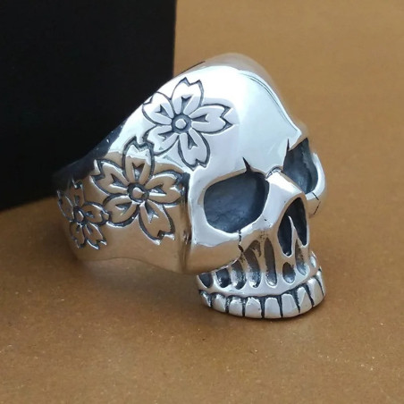 Bague Tête de Mort Florale "Silence Éternel" en Argent 925