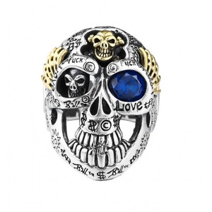 Vue générale Bague Tête de Mort "Oracle de l’Ombre Bleue" en Argent 925