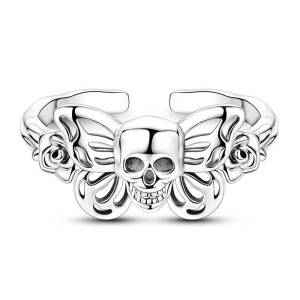 Vue de Face Bague Tête de Mort Papillon & Roses « Éclosion Macabre »