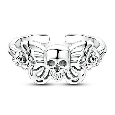 Vue de Face Bague Tête de Mort Papillon & Roses « Éclosion Macabre »