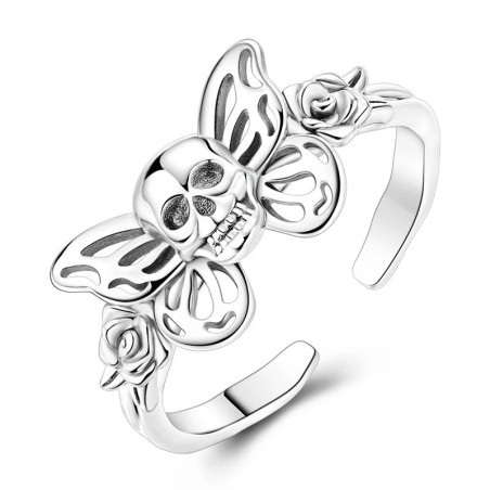 Bague Tête de Mort Papillon & Roses « Éclosion Macabre »