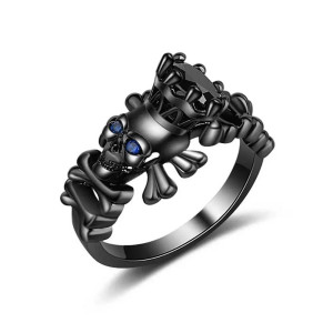 Vue générale Bague Tête de Mort Noire Crâne Sertie « Couronne d’Obsidienne »