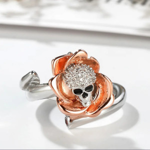 Avant Bague Tête de Mort Rose Éclatante « Fleur Éternelle »