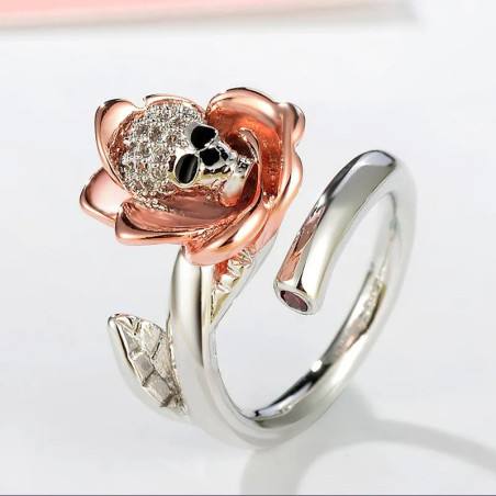 Bague Tête de Mort Rose Éclatante « Fleur Éternelle »