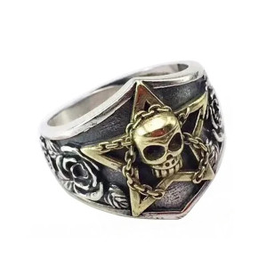 Vue générale Bague Tête de Mort Étoile Chaînée  « Pacte du Pentacle Noir »