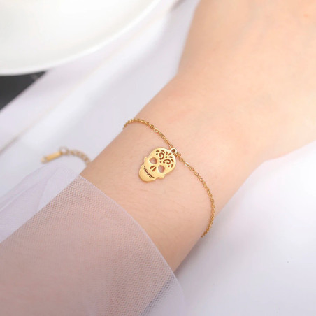Vue Portée Bracelet Tête de Mort Calavera "Sourire Doré de la Chance" Couleur Or