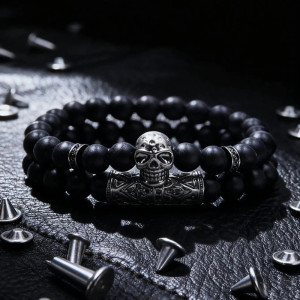 Bracelet Tête de Mort "Gardien Obsidienne des Ombres"