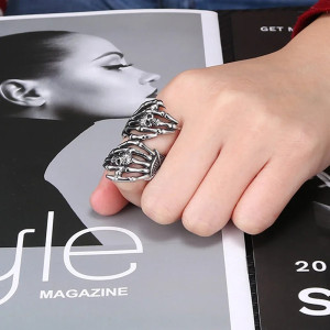 Vue Portée Bague Goth Double Main Squelettique en Argent 925 « Serment des Os »