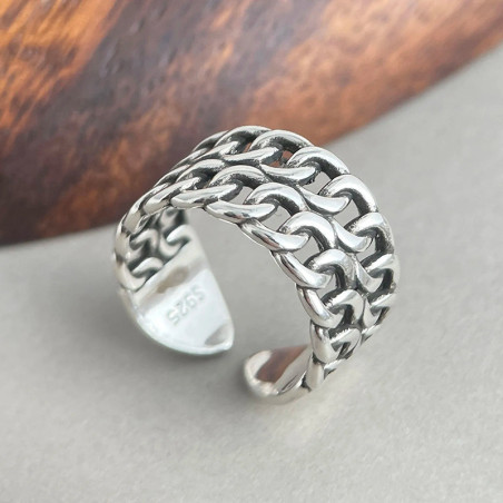 Vue de Face Bague Chaîne Tressée en Argent 925 « Maille Indomptable »