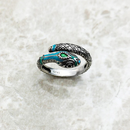 Vue de Cote Bague Serpent "Étreinte Obsidienne" - argent 925