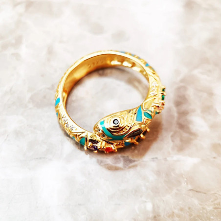 Vue de Face Bague Serpent Royal Émaillé Couleur Or Avec Pierres Multicolores - Argent 925