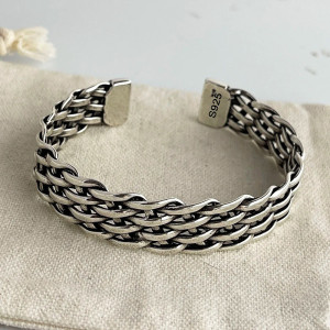 Vue de Face Bracelet Rock "Armure Tissée" - Argent 925