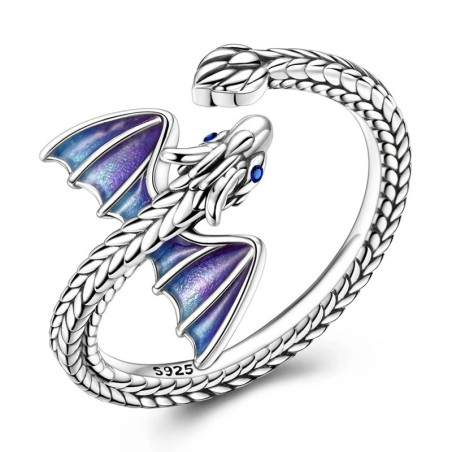 Vue de face Bague Viking Dragon Ailé"Veines d’Azur" - Argent 925