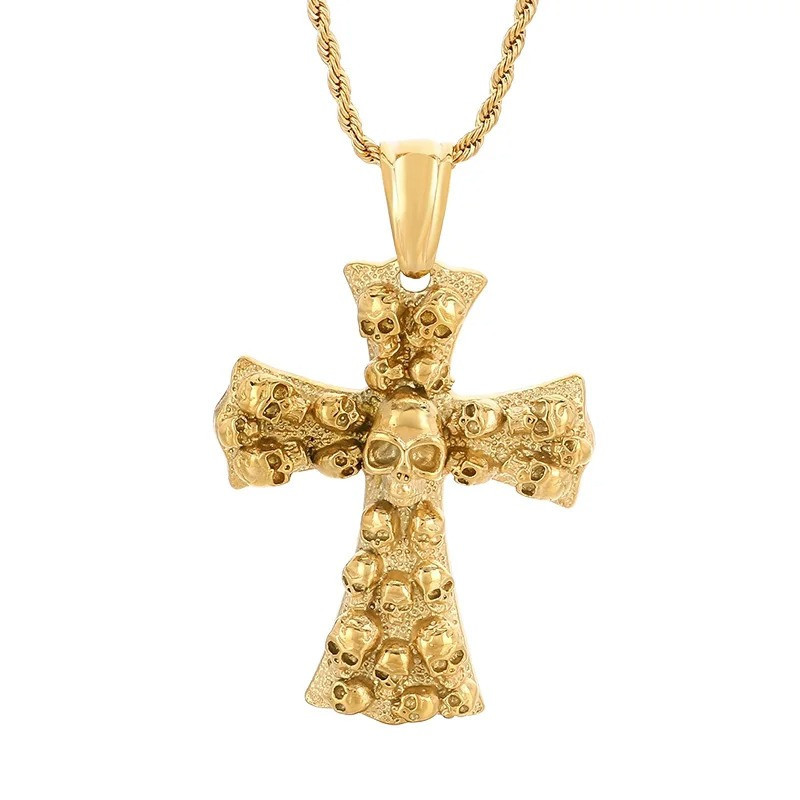Collier Tête de Mort Croix "Crucifix des Crânes Profanés" Couleur or