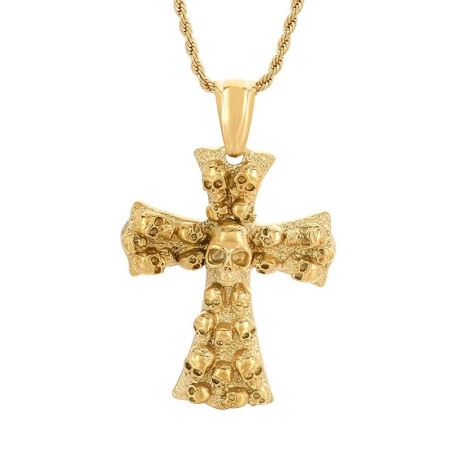Collier Tête de Mort Croix "Crucifix des Crânes Profanés" Couleur or