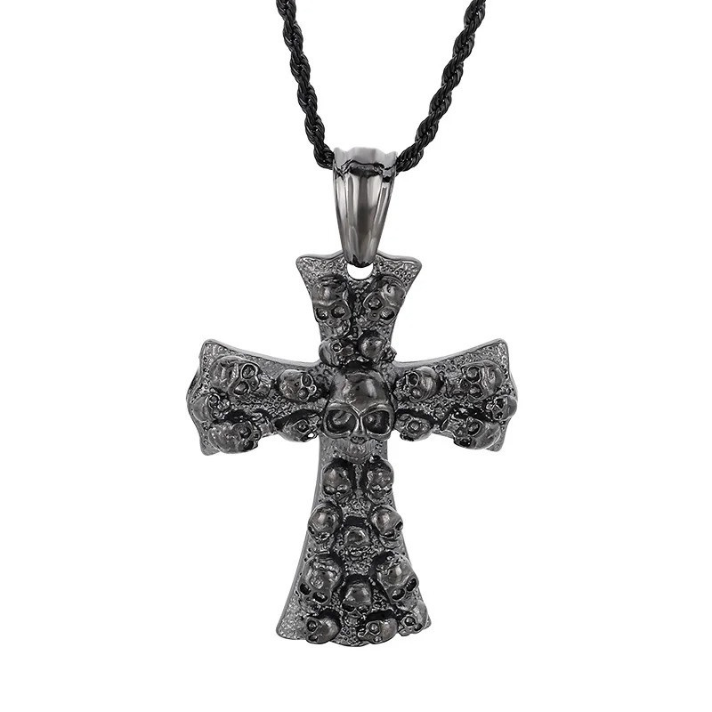 Collier Tête de Mort Croix "Crucifix des Crânes Profanés" Couleur Argent