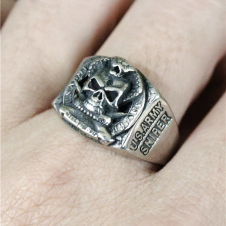 Vue Portée Bague Tête de Mort Militaire - Sniper des Ombres