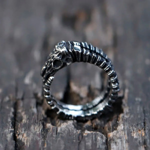 Vue de Face Bague Tête de Mort Gothique - Crâne de Bélier des Rituels Anciens