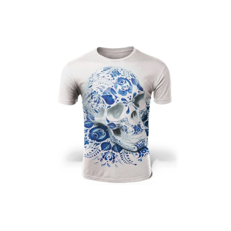 T Shirt manches courtes Col en V Tête de Mort Skull Bleu pour homme