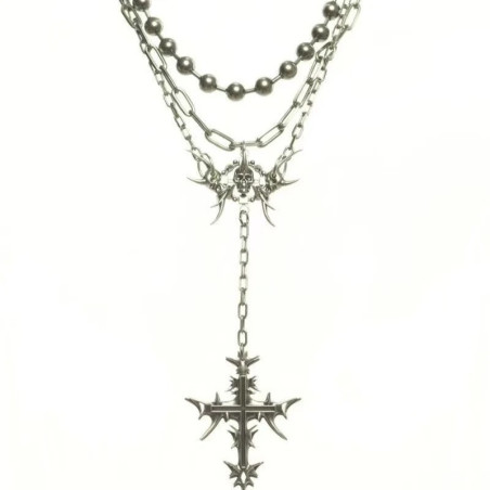 Magnifique Collier Tête de Mort - Croix Profane aux Chaînes Sacrée