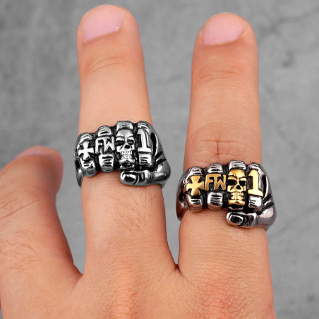 Vue Portée Bague Crâne Punk Rock "Poing Skull Streetfight Hardcore"