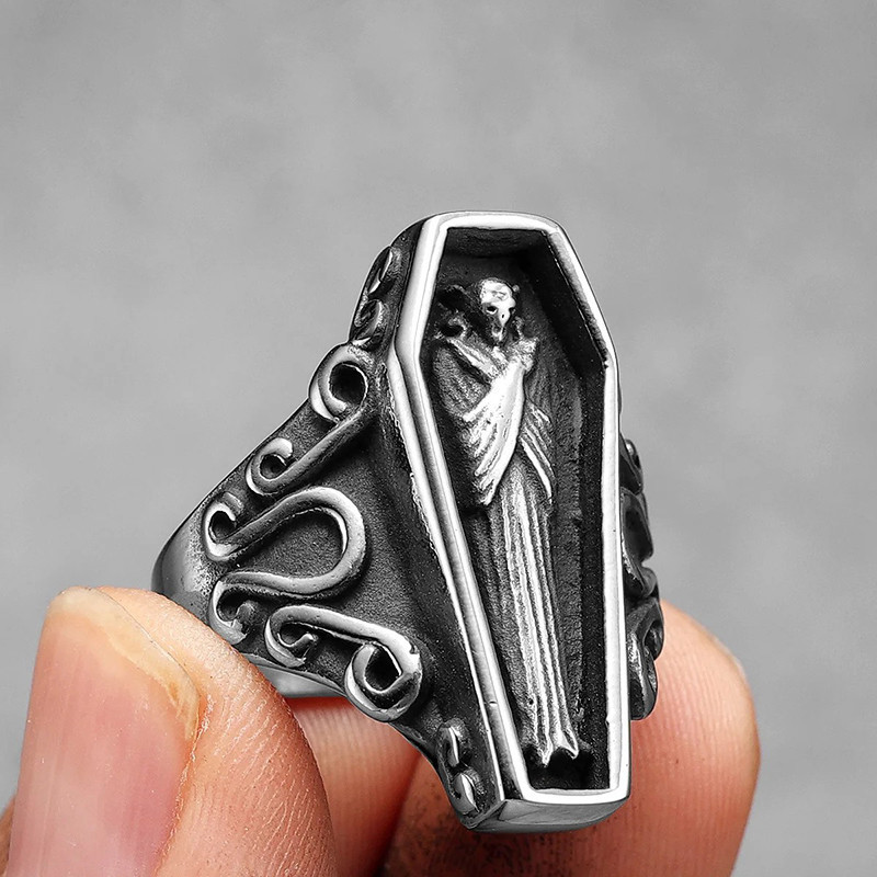 Bague Goth Vampire "Cercueil de l’Éveil Sanguin" Couleur Argent