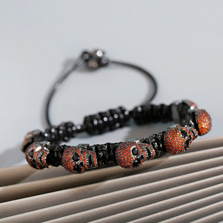 Bracelet Tête de Mort "Onyx Night Macramé" Couleur Orange