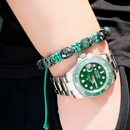 Vue Portée Bracelet Tête de Mort "Onyx Night Macramé" Couleur Vert