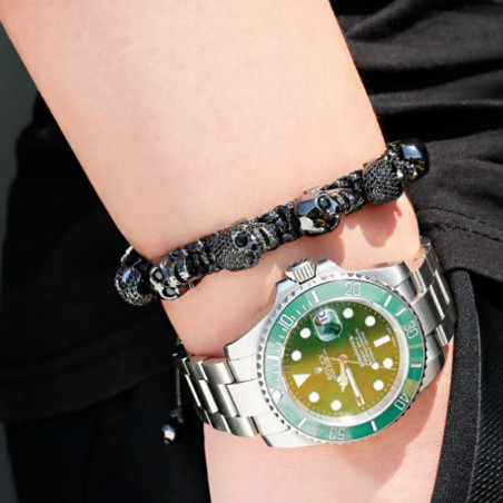 Vue Portée Bracelet Tête de Mort "Onyx Night Macramé" Couleur Noir