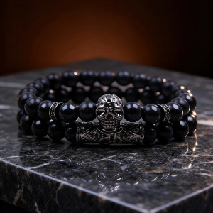 Avant Bracelet Tête de Mort "Perles Onyx & Totem Silver"