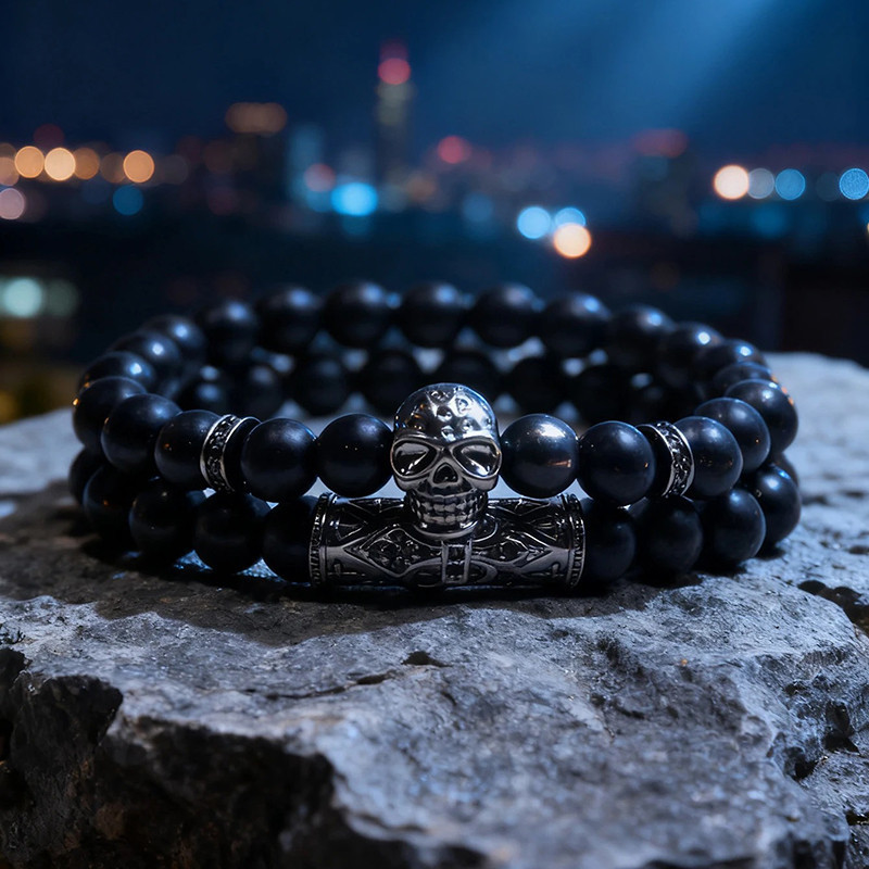 Bracelet Tête de Mort "Perles Onyx & Totem Silver"