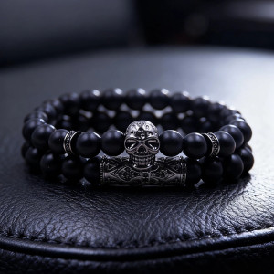 Vue de Face Bracelet Tête de Mort "Perles Onyx & Totem Silver"