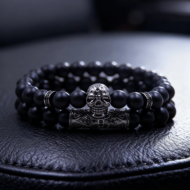 Vue de Face Bracelet Tête de Mort "Perles Onyx & Totem Silver"