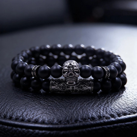Vue de Face Bracelet Tête de Mort "Perles Onyx & Totem Silver"
