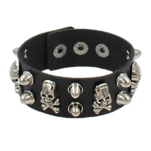 Bracelet Manchette Tête de Mort "Skull & Spikes" Couleur Noir