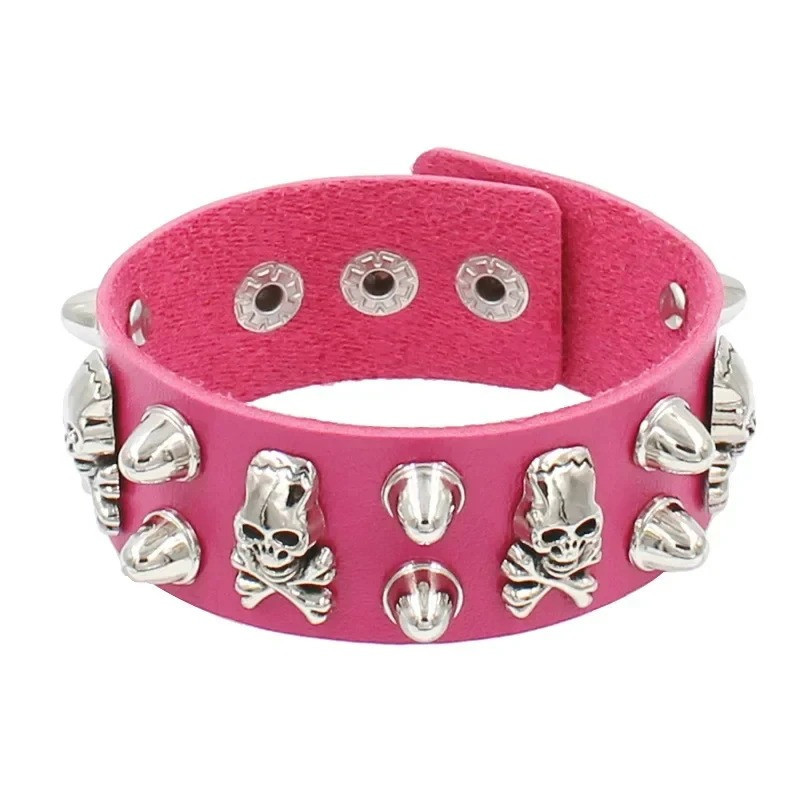 Bracelet Manchette Tête de Mort "Skull & Spikes" Couleur Rose