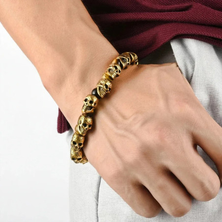Vue Portée Bracelet Perles Tête de Mort "Memento Mori & Pierres Naturelles" - 5 couleurs au choix !