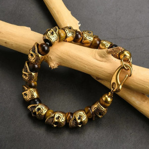 Vue de Face Bracelet Perles Tête de Mort "Memento Mori & Pierres Naturelles" - 5 couleurs au choix !