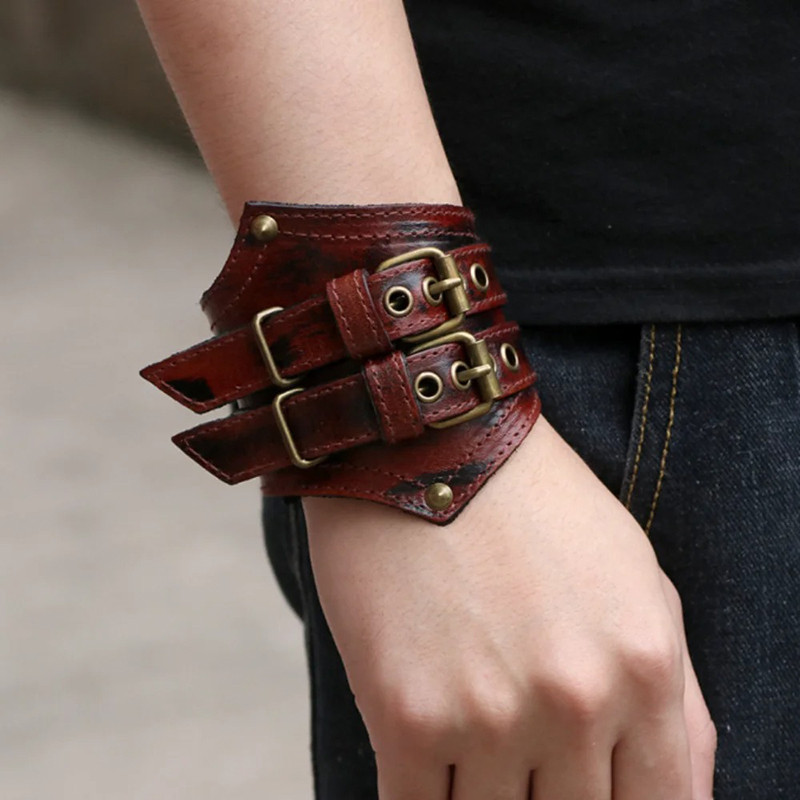 Vue Portée Bracelet de Force Manchette Cuir Vintage - 2 couleurs au choix !