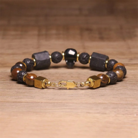Vue Arrière Bracelet Perles Tête de Mort "Pierre de Lave & Obsidienne Gothique" Couleur Marron