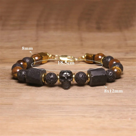 Dimensions Bracelet Perles Tête de Mort "Pierre de Lave & Obsidienne Gothique" - 2 couleurs au choix !