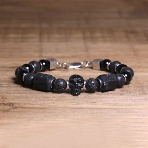 Bracelet Perles Tête de Mort "Pierre de Lave & Obsidienne Gothique" Couleur Noir