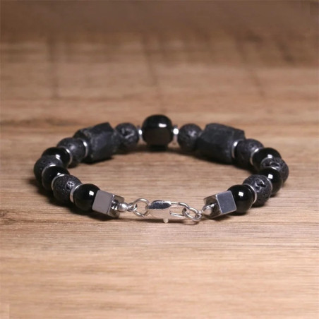 Vue Arrière Bracelet Perles Tête de Mort "Pierre de Lave & Obsidienne Gothique" Couleur Noir