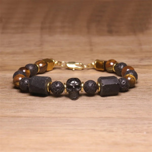 Bracelet Perles Tête de Mort "Pierre de Lave & Obsidienne Gothique" Couleur Marron