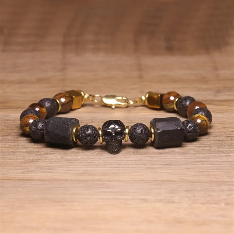 Bracelet Perles Tête de Mort "Pierre de Lave & Obsidienne Gothique" Couleur Marron