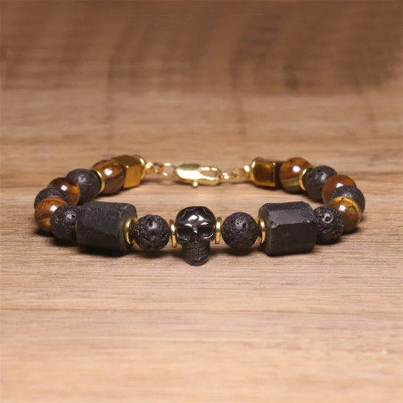 Bracelet Perles Tête de Mort "Pierre de Lave & Obsidienne Gothique" Couleur Marron