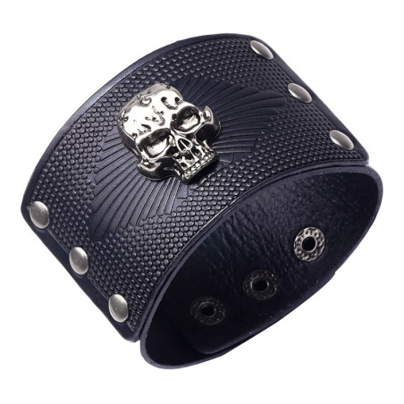 Bracelet Manchette Tête de Mort "Cuir Grainé & Skull Argenté" Couleur Noir